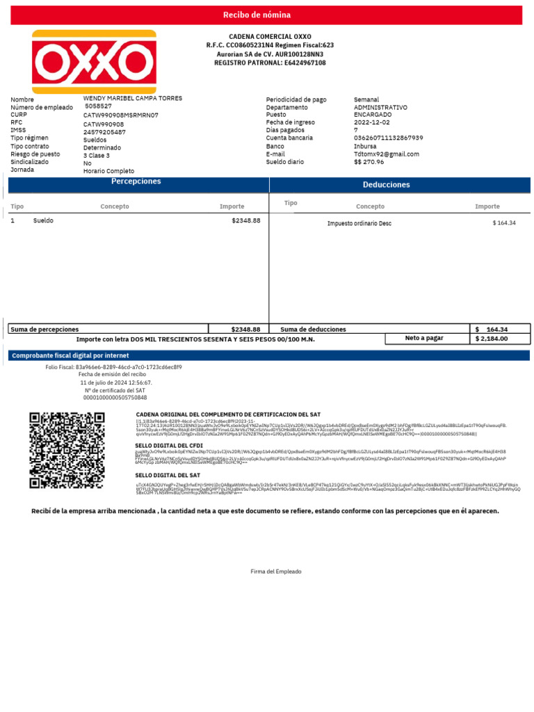 Nomina1611223oxxo PDF | PDF | Economias | Dinero