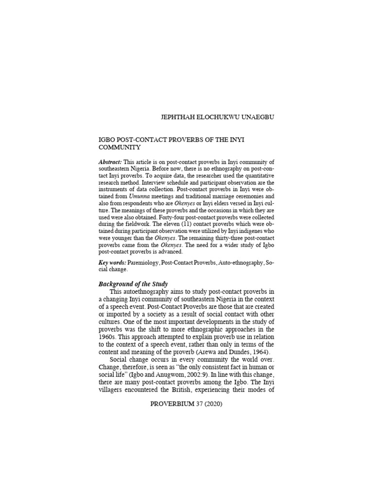 Unaegbu, Jephthah Elochukwu - Igbo Post-Contact Proverbs of The Inyi ...