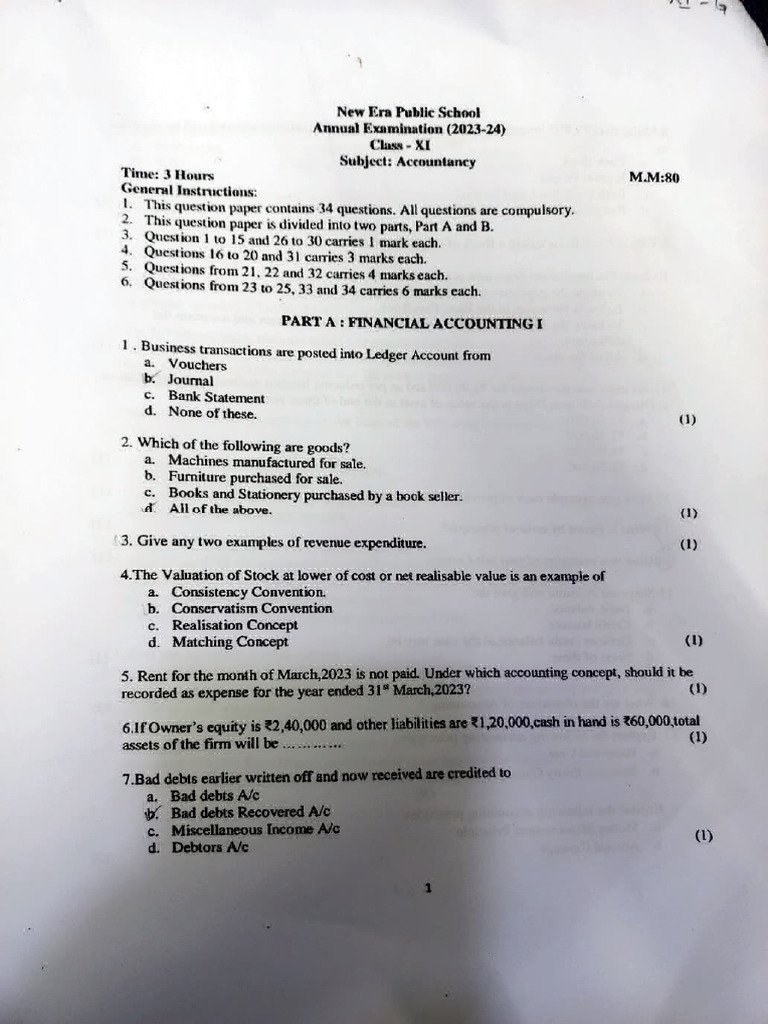 Class XI Accountancy Exam Paper 2023-24 | PDF | Debits And Credits ...
