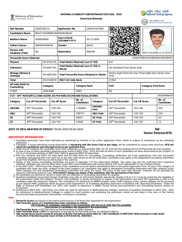Neet ntaonline in frontend web revised scorecard index pdf