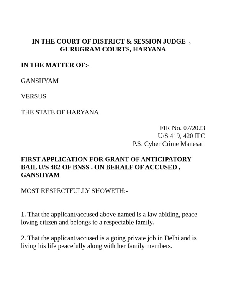 Anticipatory Bail Application: Ganshyam vs. Haryana | PDF | Bail | Arrest