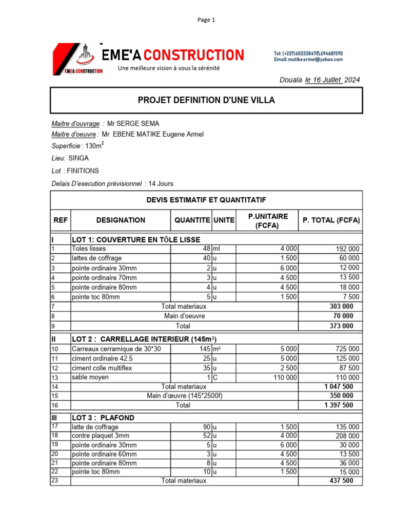 Devis estimatif pour construction villa | PDF | Matériaux de construction