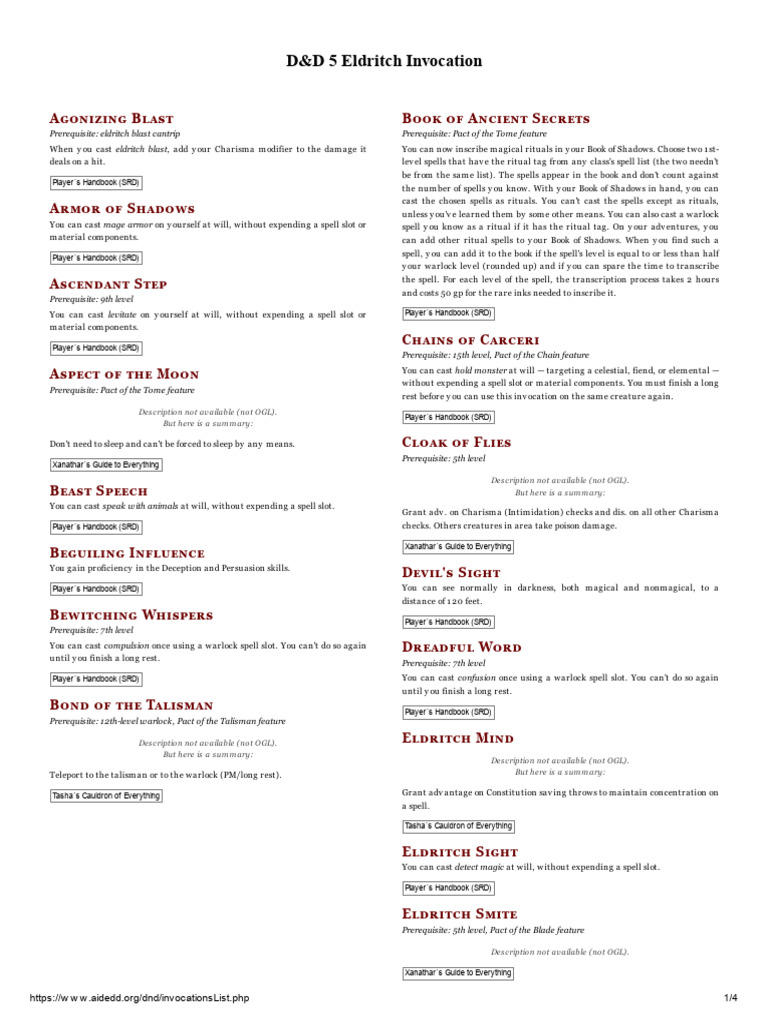 D&amp;D 5E - Eldritch Invocations | PDF | Dungeons &amp; Dragons | Gary 