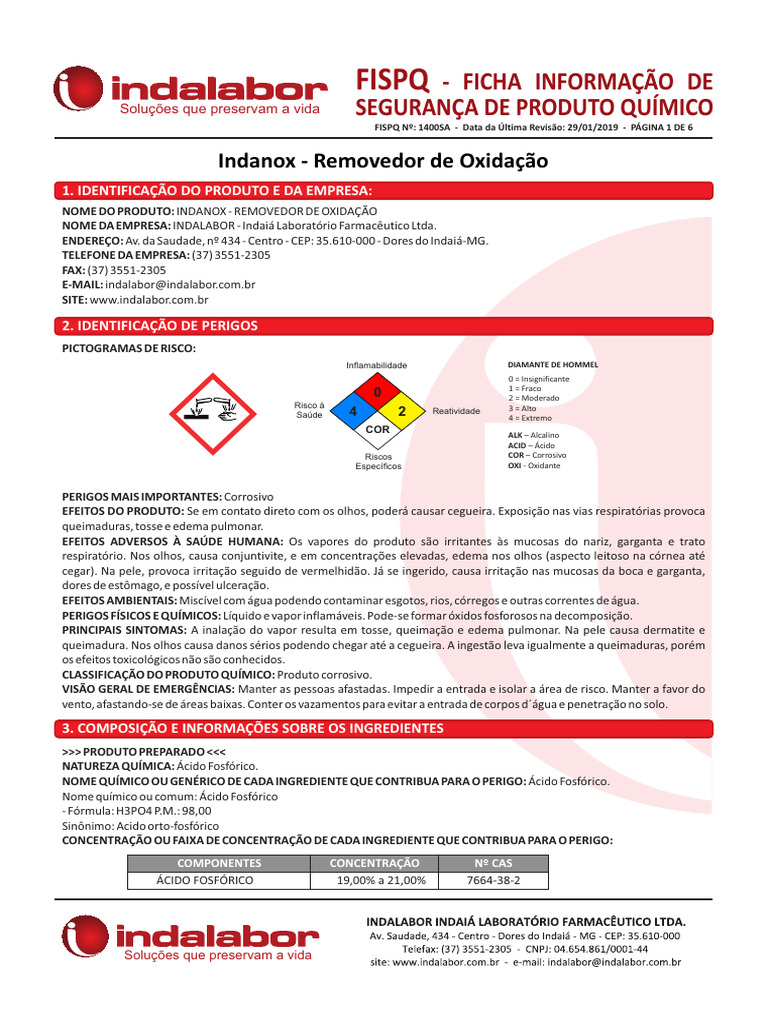 Indanox: Removedor de Oxidação Química | PDF | Queimadura | Corrosão
