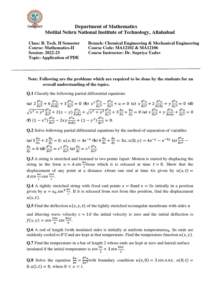 Tutorial Sheet - Application of PDE | PDF | Partial Differential ...