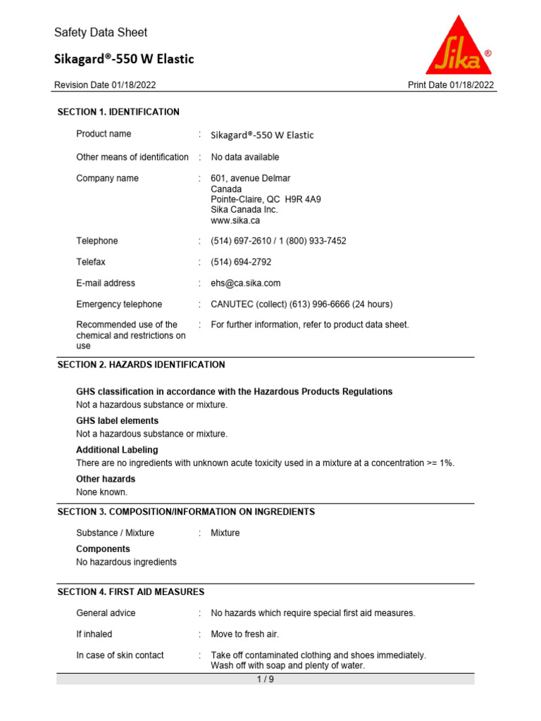 Sikagard 550 W ElasticE PDF Dangerous Goods Volatile Organic