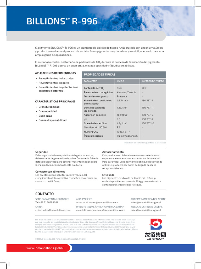 Pigmento BILLIONS™ R-996: Durabilidad y Versatilidad | PDF | Dióxido de ...