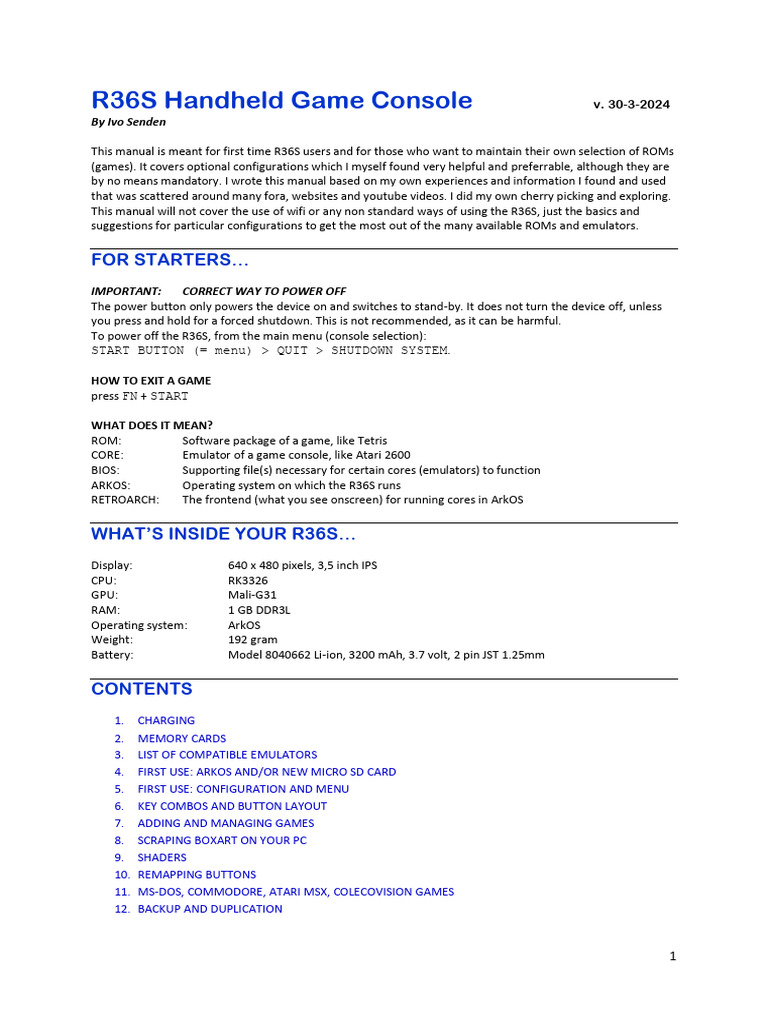R36S Handheld Game Console Ivo's User Manual PDF Bios Booting