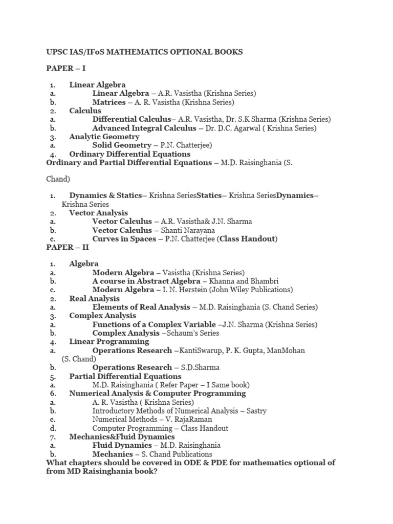 UPSC IAS Mathematics Optional Books | PDF | Mathematical Analysis ...