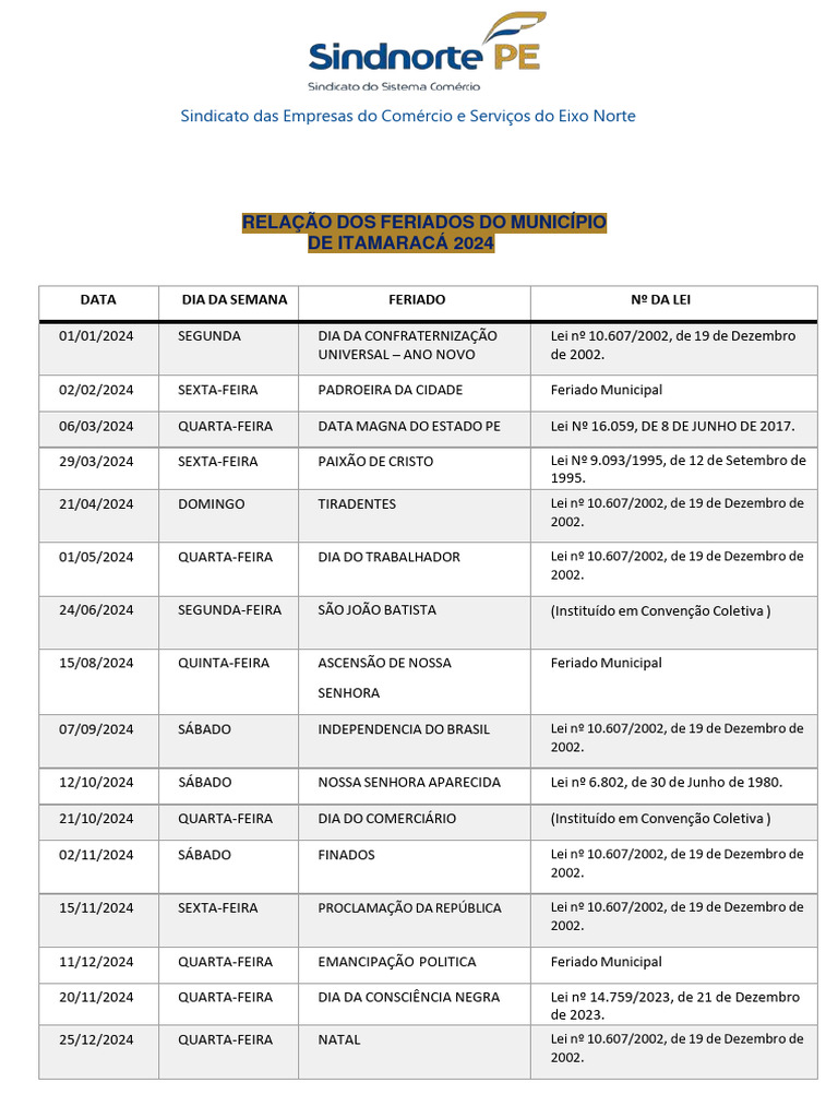 Feriados Municipais 2024 em Pernambuco | PDF | Brasil | Comemorações