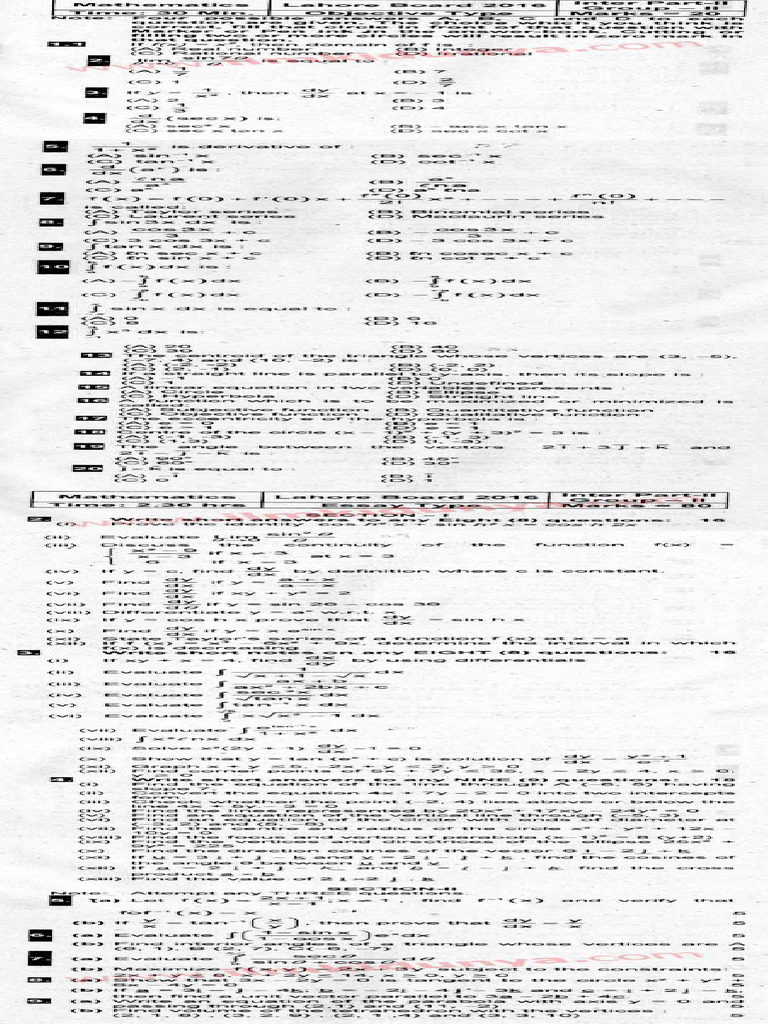 Past Papers Lahore Board 2016 Inter Part 2 Mathematics Group 2 English ...