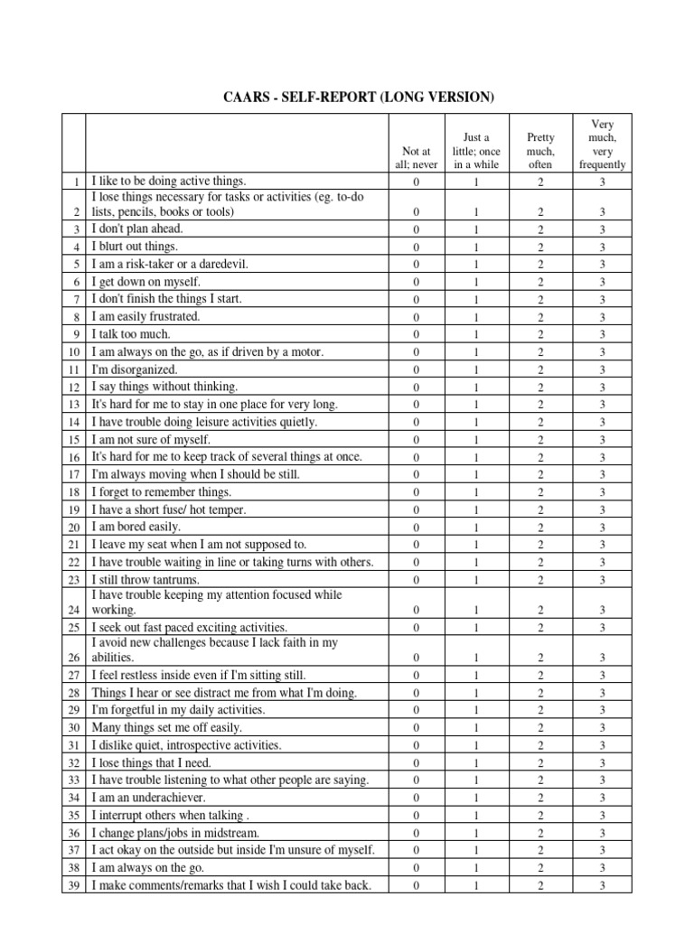 Adhd scale self report item list and scoring pdf behavioural