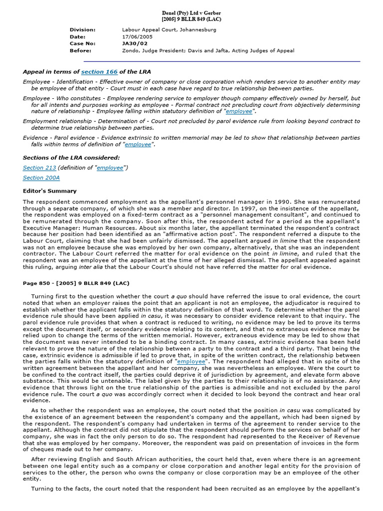 Denel (Pty) LTD V Gerber (2005) 9 BLLR 849 (LAC) | PDF | Parol Evidence ...