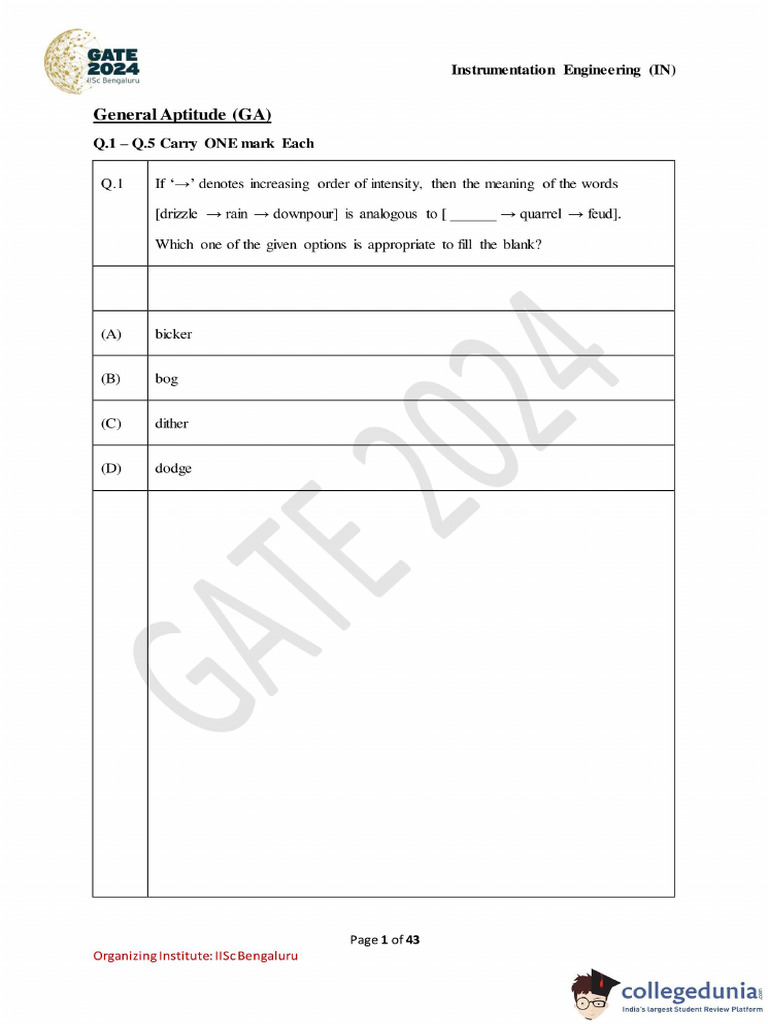 GATE 2024 Instrumentation Engineering Question Paper | PDF