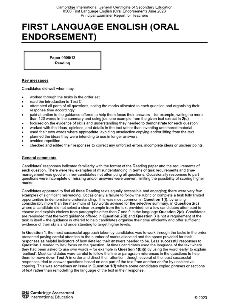 Cambridge IGCSE 0500 English Report 2023 | PDF | Question | English ...