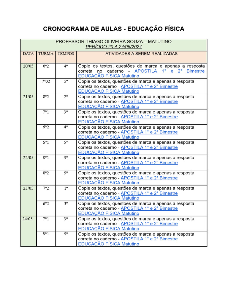 Cronograma Aulas Educação Física 2024 | PDF