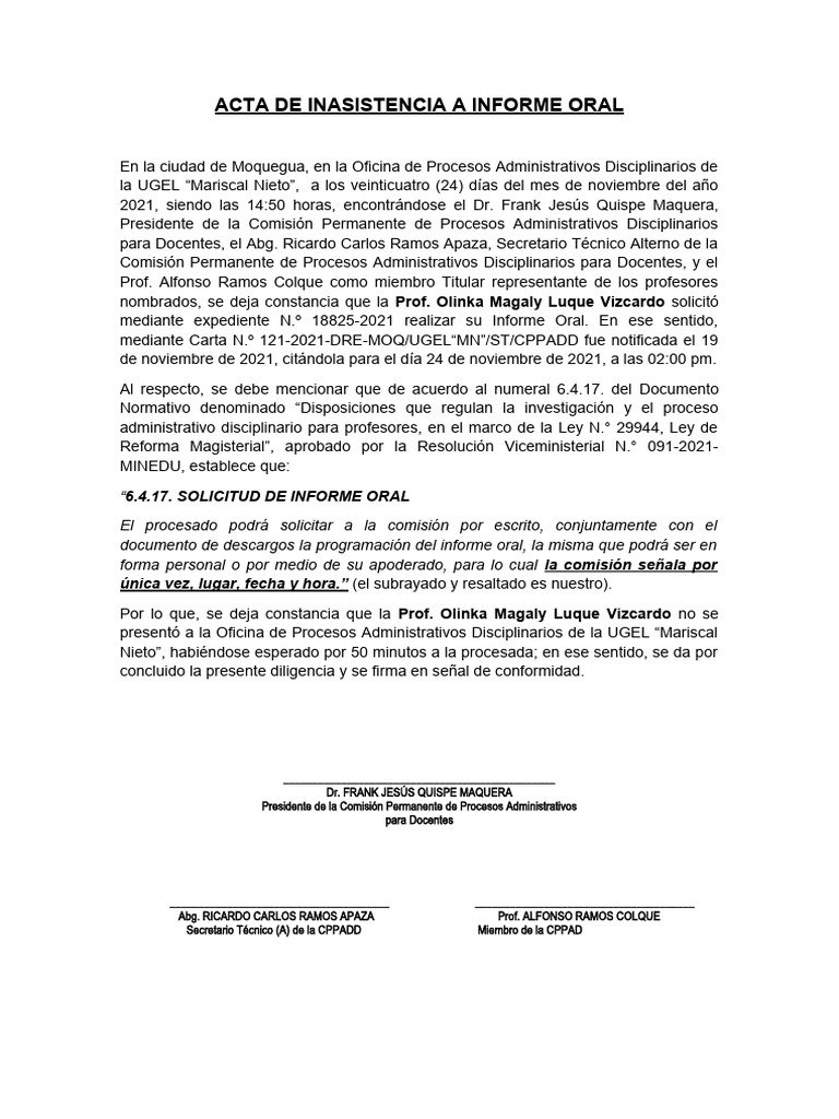 Acta de Inasistencia A Informe Oral | PDF | Gobierno