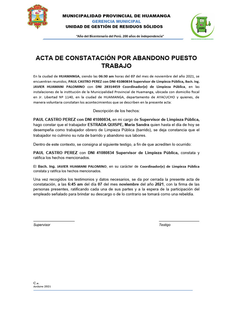 Acta de Inasistencia Laboral Huamanga | PDF | Perú | Materiales