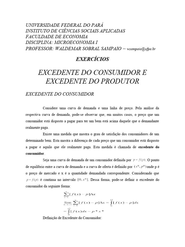 Excedente do Consumidor e Produtor: Exercícios | PDF | Excedente ...