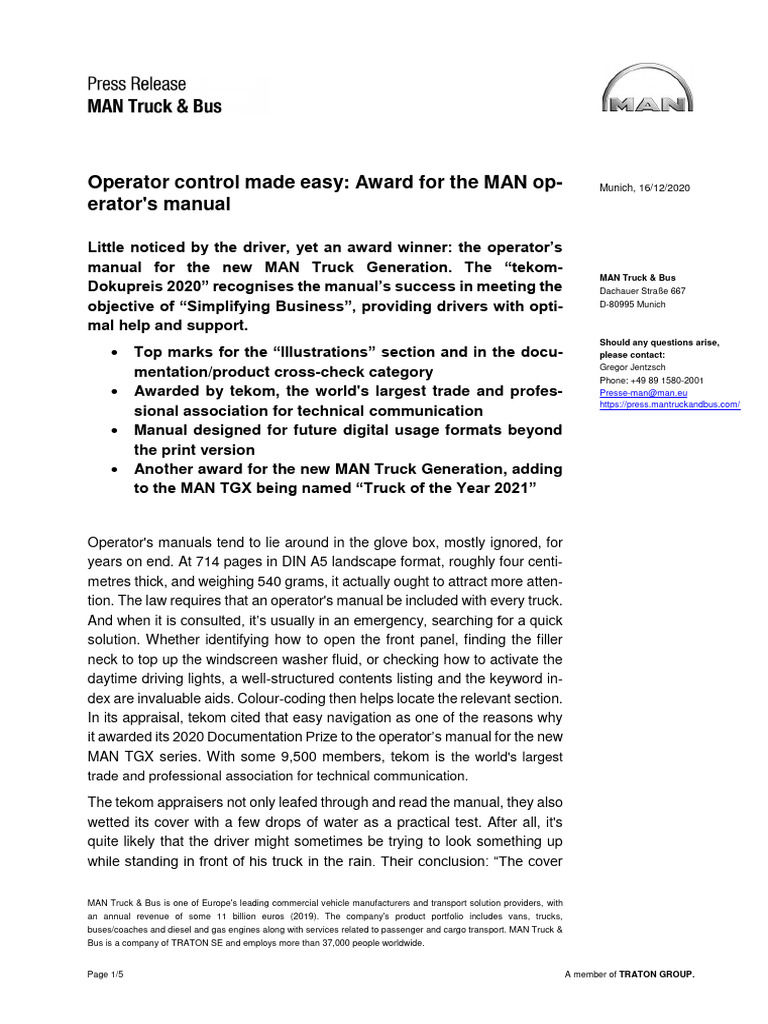 MAN Truck's Award-Winning Operator Manual | PDF | Bus | Truck