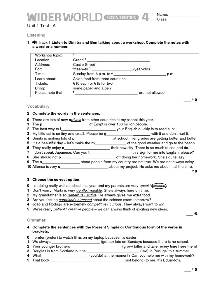 Wider World 4 Unit 1 Test A | PDF | Language Arts & Discipline ...