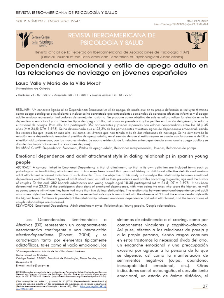 Dependencia emocional y apego en jóvenes | PDF | Teoría de apego | Adultos
