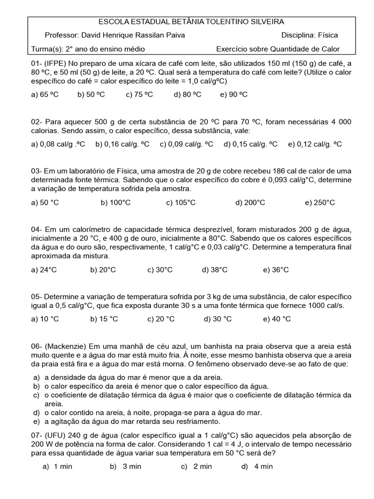 Exercícios sobre Quantidade de Calor | PDF | Calor | Temperatura