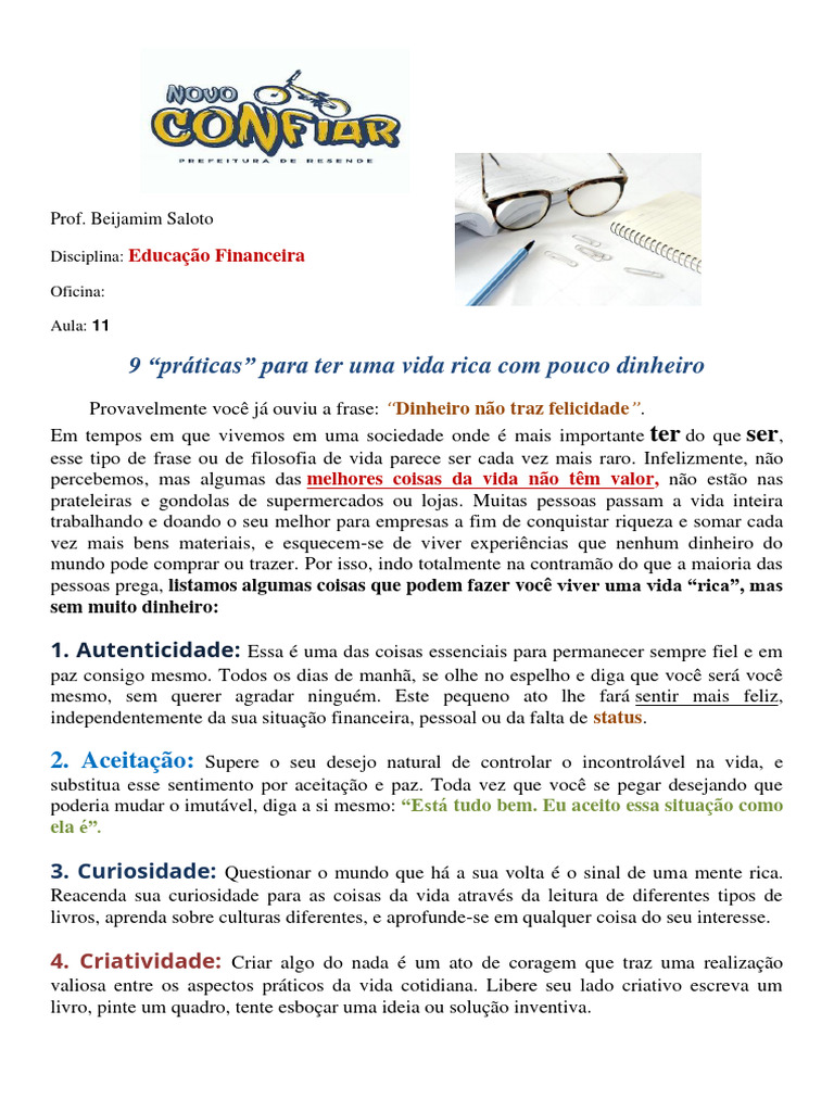 Vida Rica com Pouco Dinheiro: 9 Práticas | PDF | Dinheiro | Vida
