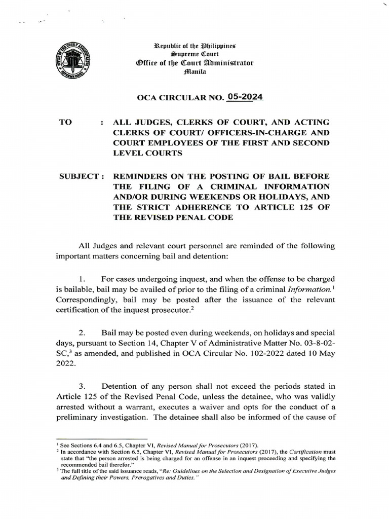 OCA Circular No. 05-2024 (Filing of Criminal Info During Weekends or ...