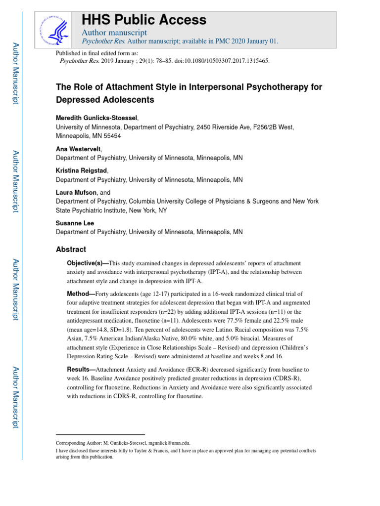 Attachment Styles in Adolescent IPT-A | PDF | Attachment Theory | Major ...