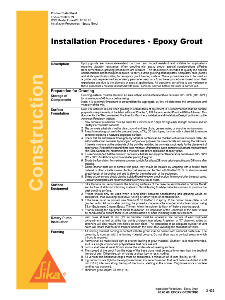Expoxy Grout - Installation Procedure (SIKA) | PDF | Concrete | Epoxy