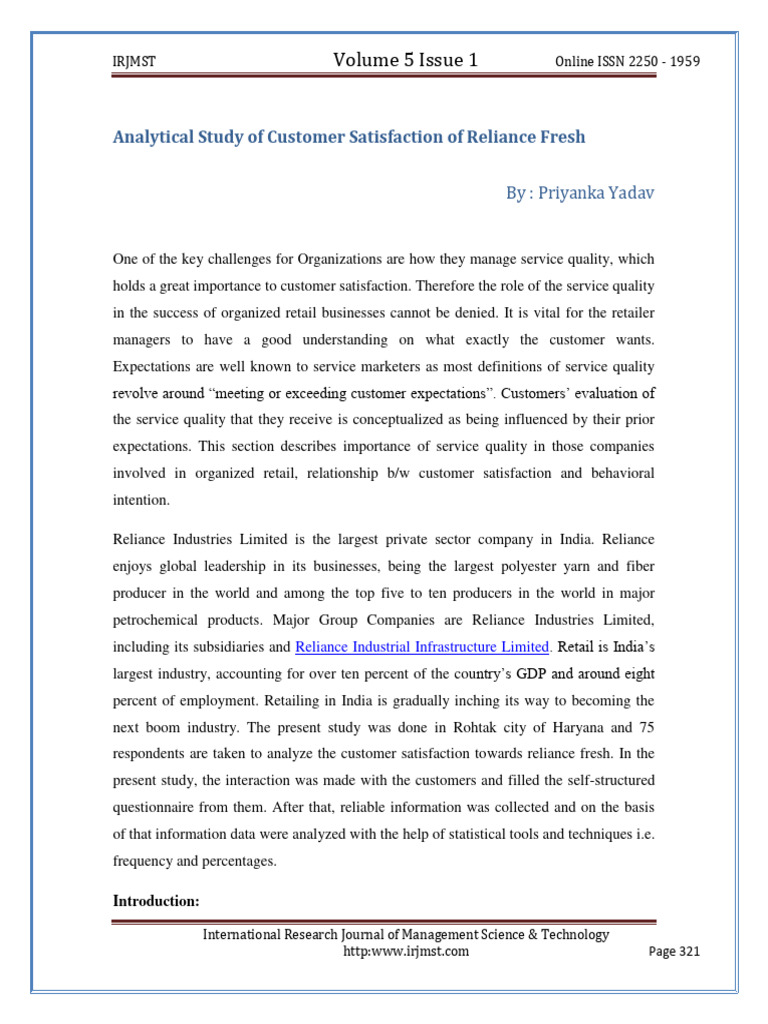 Customer Satisfaction at Reliance Fresh | PDF | Business
