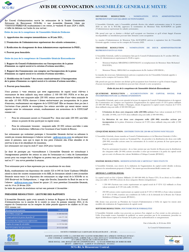 Convocation AG Mixte SCG-Ré 2024 | PDF | Action (Finance) | Actionnaire