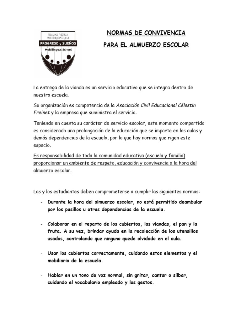 Normas de Convivencia para El Almuerzo Escolar - 2023 | PDF | Escuelas