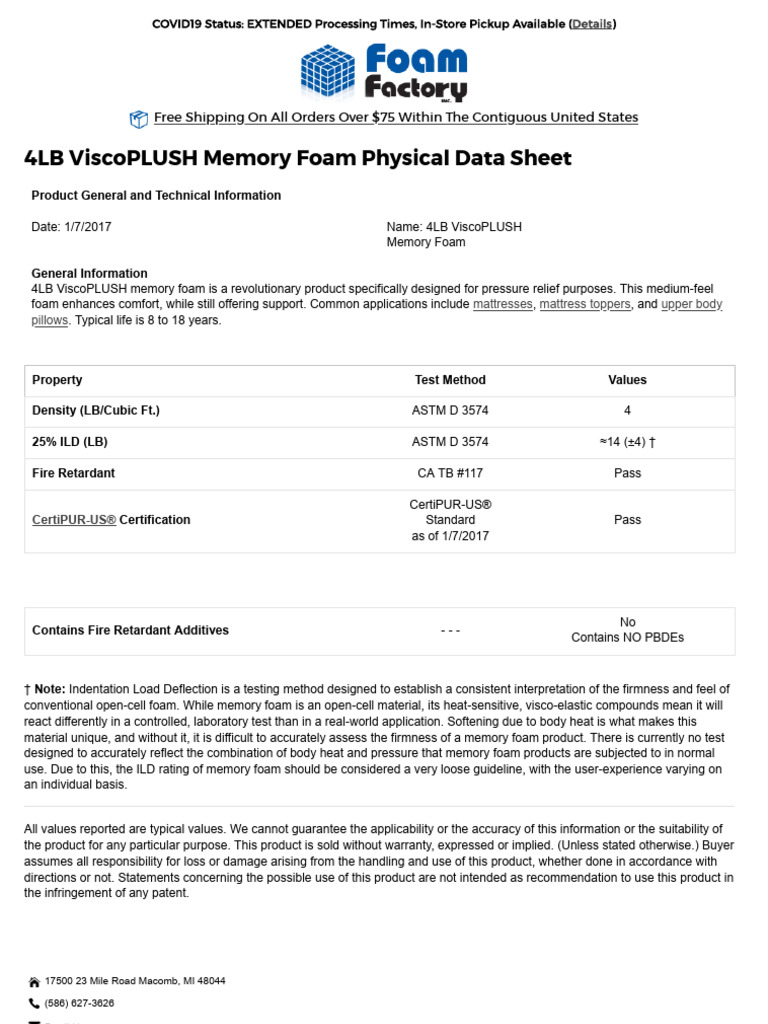 ViscoPLUSH Memory Foam Data Sheet & Properties _ Foam Factory, Inc_ PDF