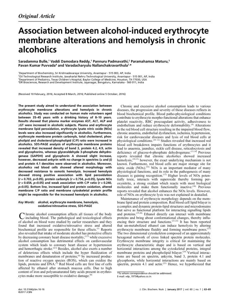Association Between Alcoholinduced Erythrocyte Membrane Alterations and ...