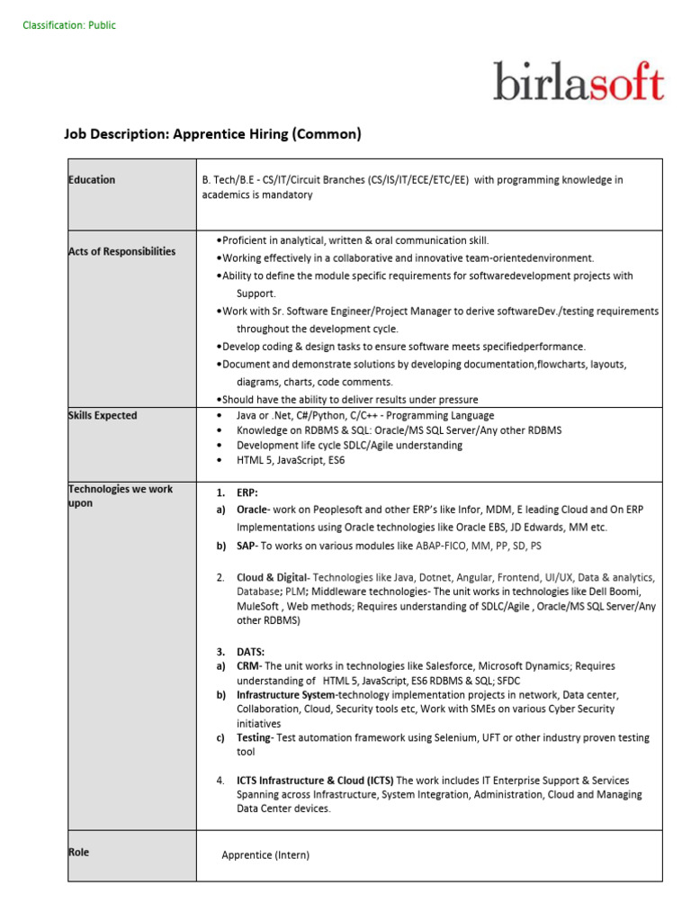 Apprentice Job Description - 2024 | PDF | Oracle Corporation | Sql
