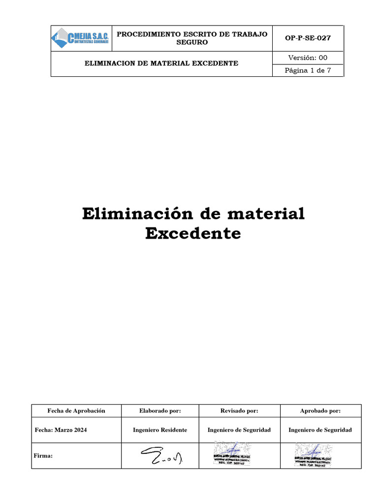 OP-PETS-SE-027 Eliminación de Material Excedente | PDF