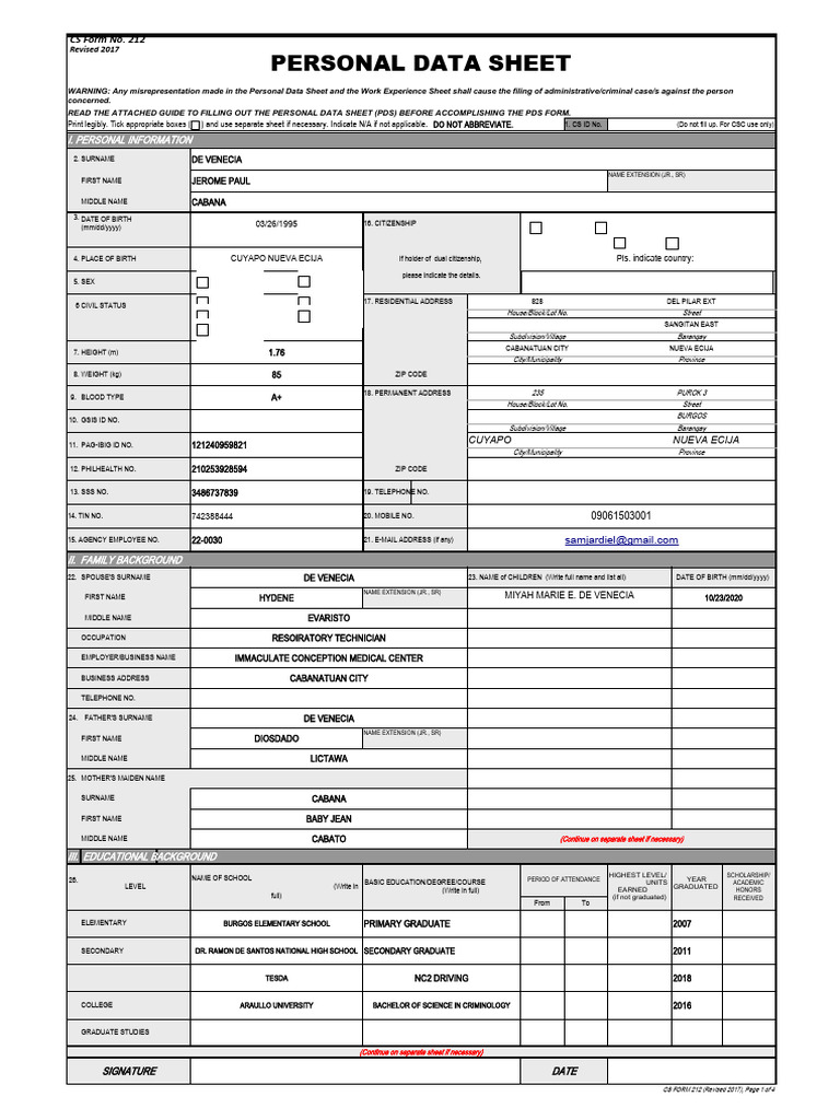CS Form No. 212 Personal Data Sheet Revised | PDF | Government | Justice
