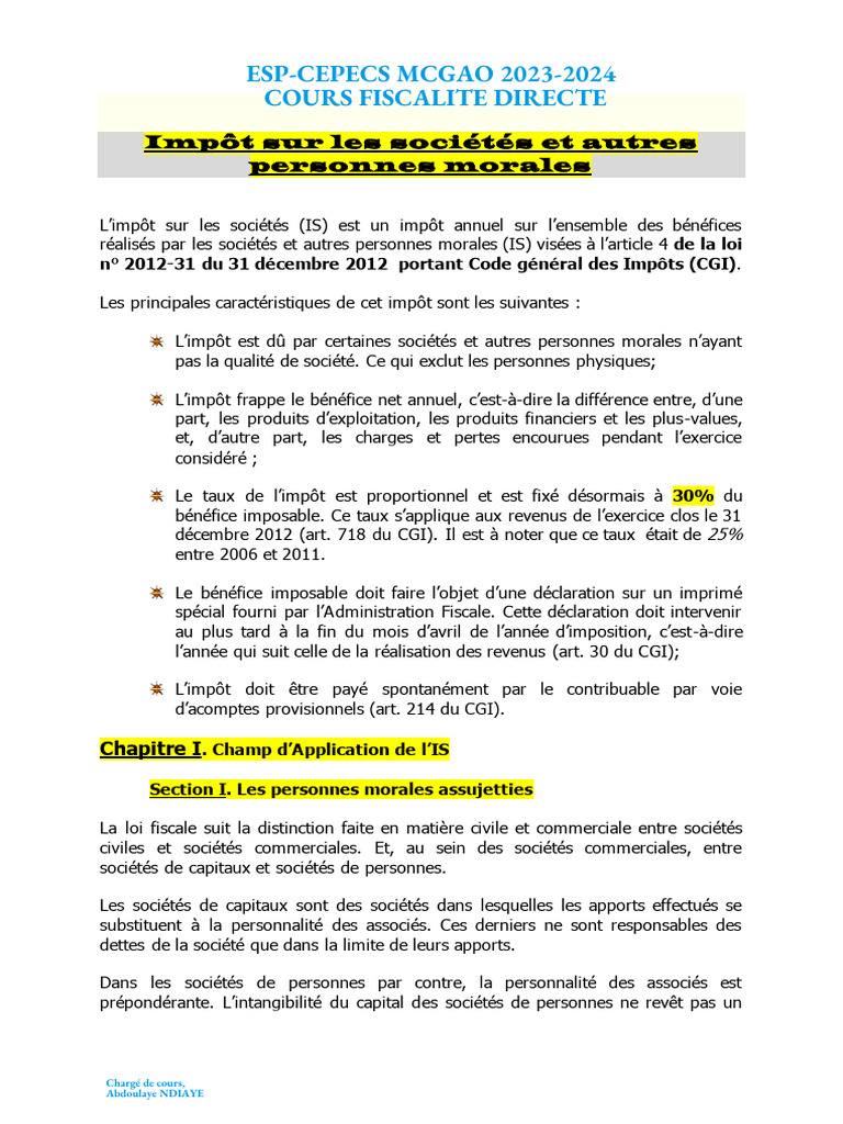 Impôt sur les sociétés 2024 au Sénégal | PDF | Taxe d'entreprise ...