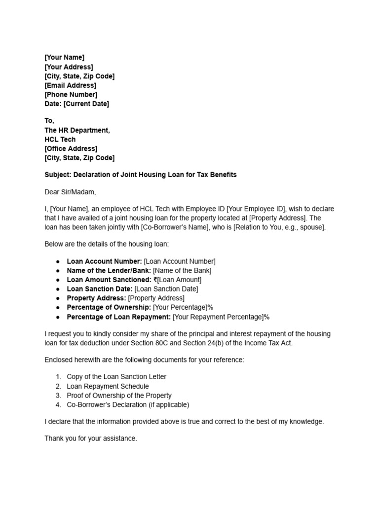Declaration of Joint Housing Loan for Tax Benefits PDF