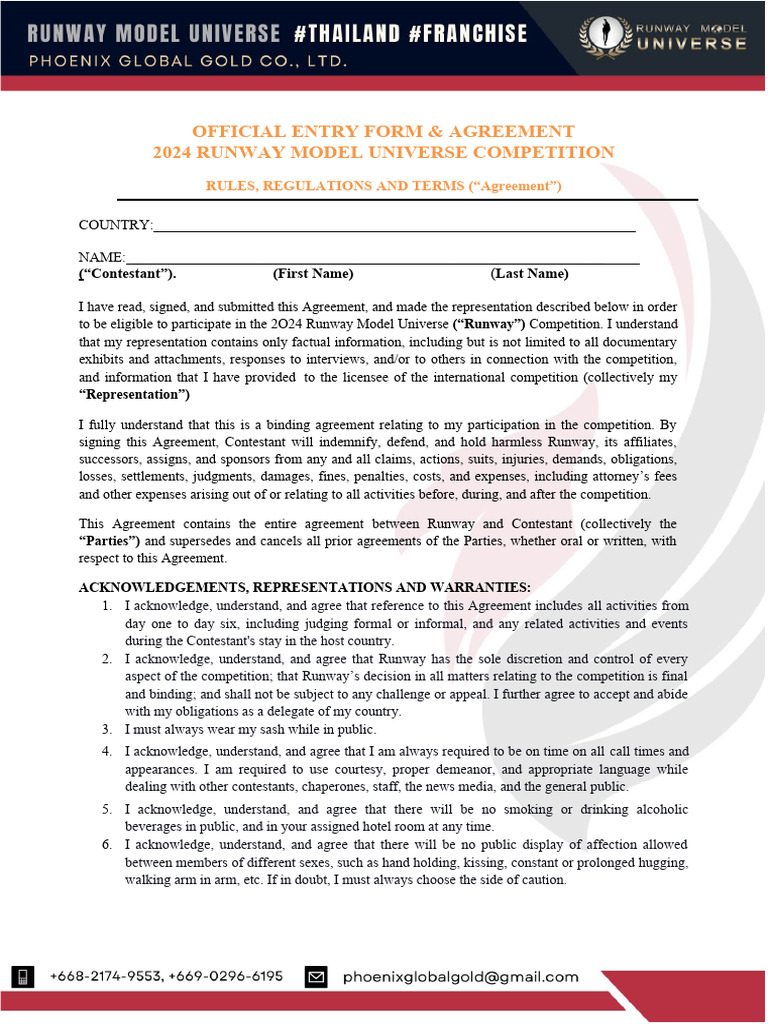 2024 Runway Model Universe Entry Form | PDF | Indemnity | Justice