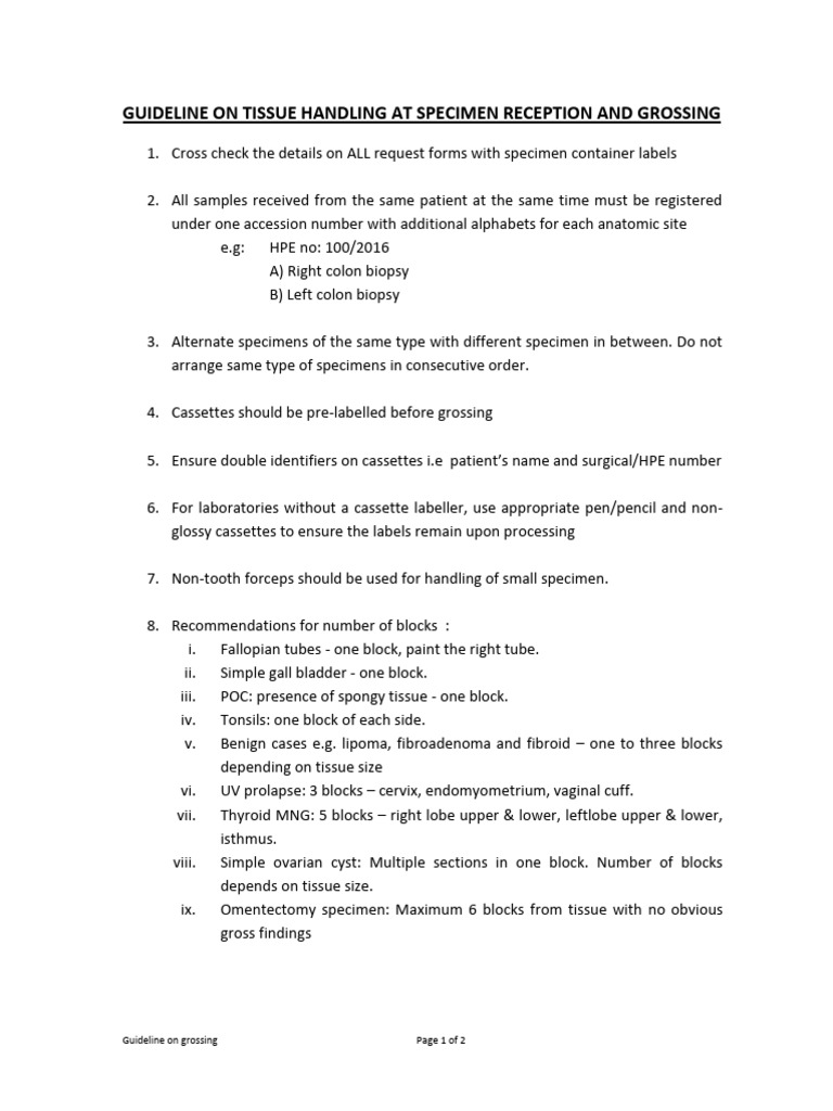Guideline On Tissue Handling at Specimen Reception - Grossing | PDF ...