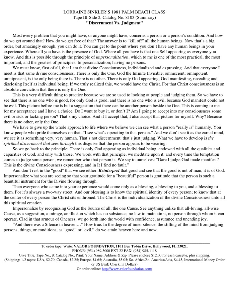 Lorraine Sinkler Discernment Vs Judgment Pdf Omniscience