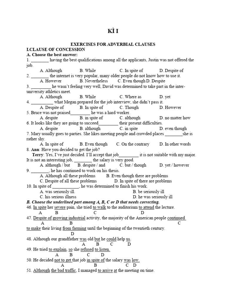 Exercises For Adverbial Clauses I.Clause of Concession A. Choose The ...
