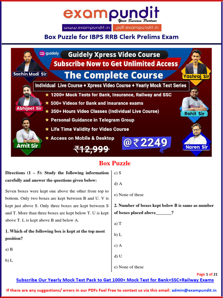 Box Puzzles Questions PDF For Ibps RRB Clerk Prelims Exam | PDF