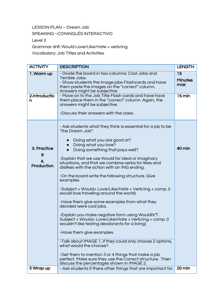 Dream Job Lesson Plan Activities | PDF | Career & Growth | Language ...