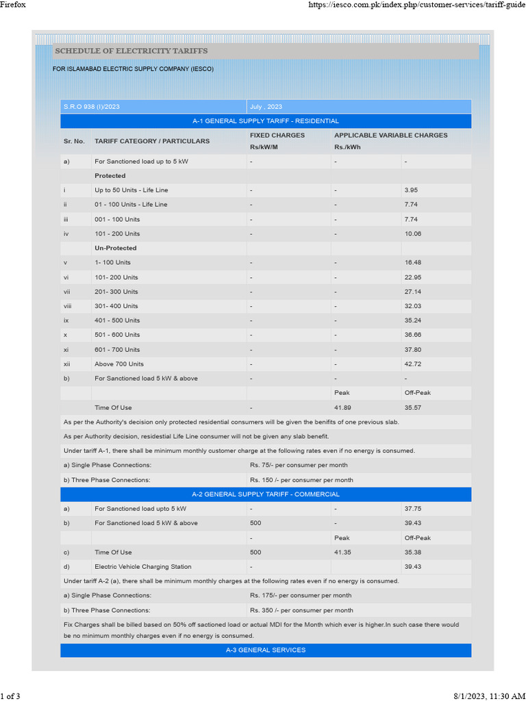 IESCO Electricity Tariff Schedule 2023 | PDF | Electromagnetism ...