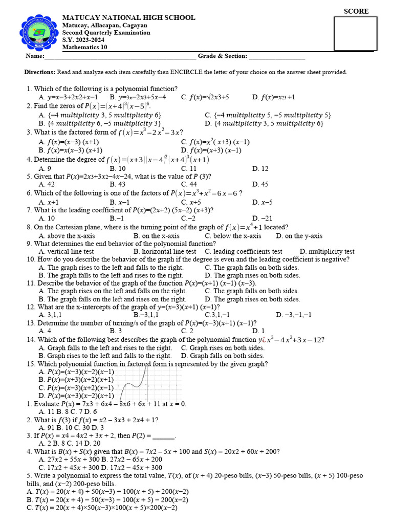 Math 10 Second Quarter Exam 2023-2024 | PDF | Cartesian Coordinate ...