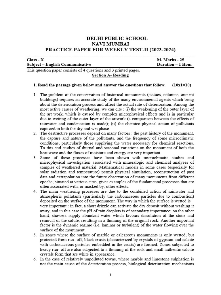 Class X Sample Paper-Weekly II | PDF | Rain | Calcite